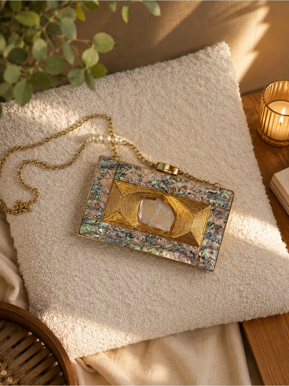 Gold Abalone Box Clutch with white Stone